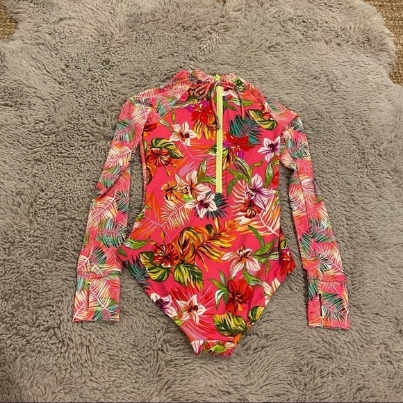 Hobie Girls Flor All Nothing One-Piece Rashguard Swimsuit 8/10 Tropical pink - Picture 3 of 8